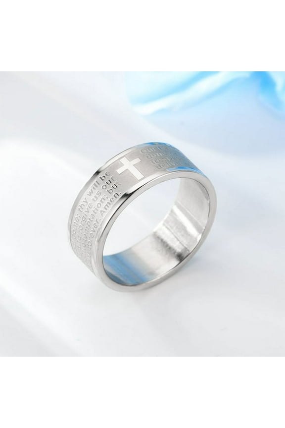 8mm 14K White Gold English Letter Lord's Prayer Ring Men's Bible Cross Rings For Women Men Jesus Christian Jewelry