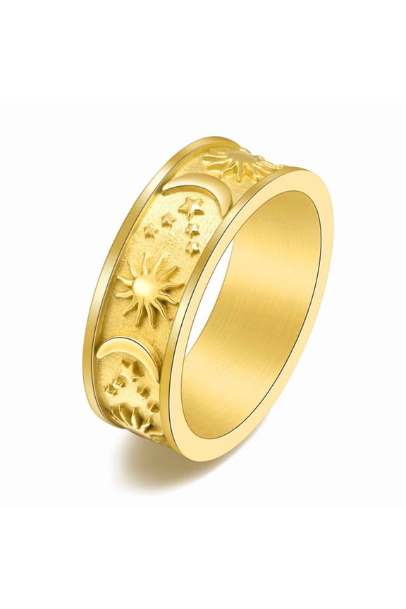 8mm 14K Yellow Gold Moon Star Sun Ring for Women Men Couples Rings Lovers Jewelry Creativity Gift