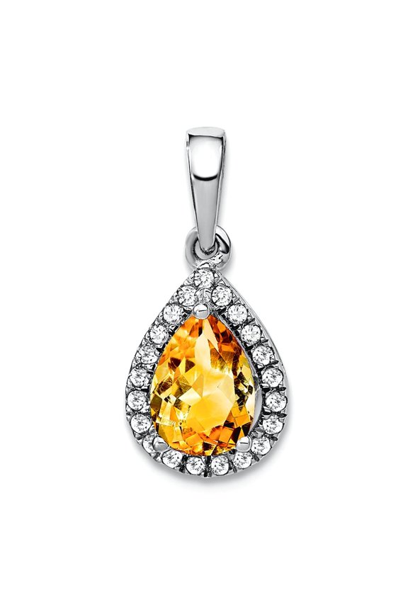 8mm 14k White Gold Pear Citrine and Diamond Halo Pendant Necklace Pendant for Women