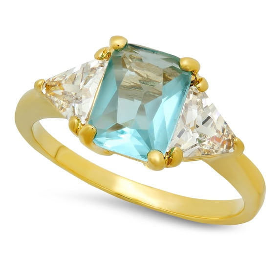 8mm 14k Yellow Gold Plated Blue Cubic Zirconia 3-Stone Ring, Size 7.5 + Gift Box