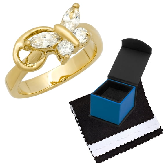 8mm 14k Yellow Gold Plated Clear Cubic Zirconia Butterfly Ring, Size 10 + Gift Box