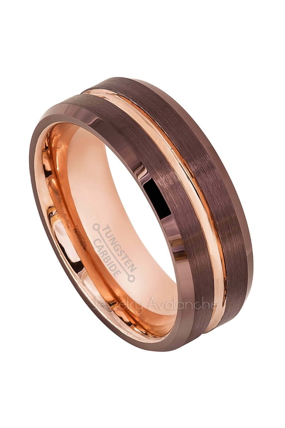 8mm 2-Tone Brushed Finish Brown & Rose Gold IP Grooved Tungsten Carbide Ring - #600PLs11.5