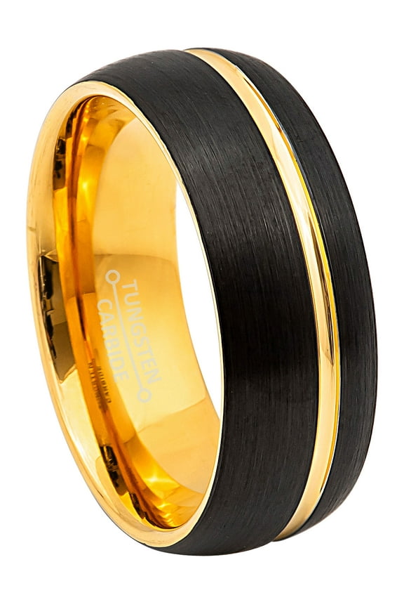 8mm 2-Tone Yellow Gold & Black Tungsten Wedding Band, Off Center Groove Brushed Finish - TN872WAs10.5
