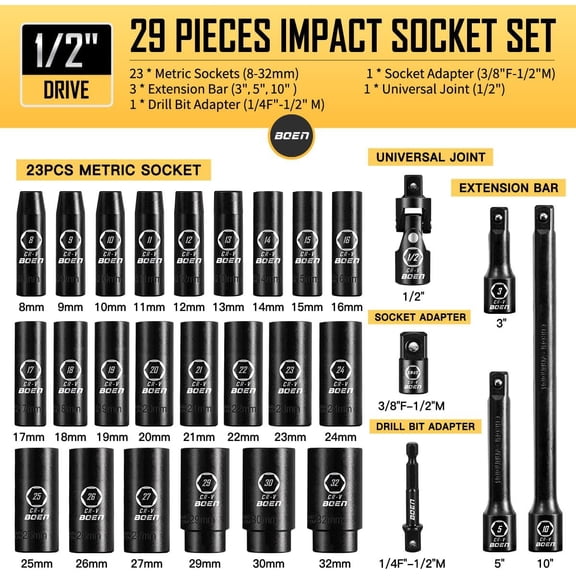 8mm-32mm 1/2 Drive Metric Socket Set, Impact Deep Socket, 6 Point Lug Nut Socket for Auto Repair with Portable Case, CR-V Steel, 29PCS