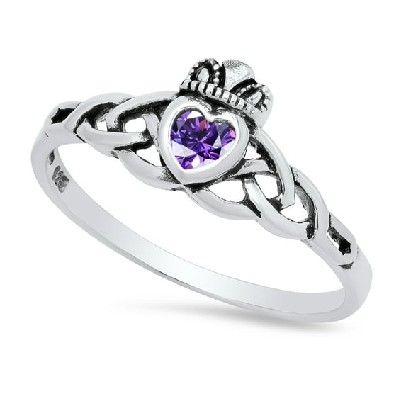 8mm .925 Sterling Silver Amethyst Purple (February) Cubic Zirconia Claddagh Ring, Size 4.5 + Jewelry Cloth & Pouch