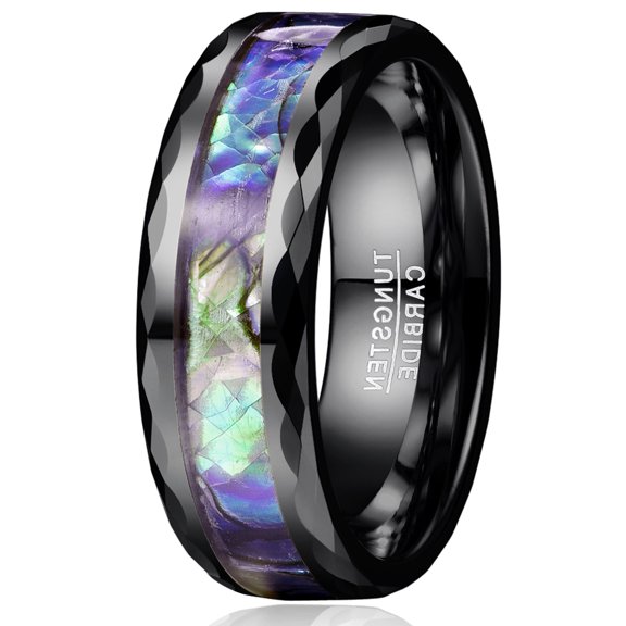 8mm Abalone Shell Tungsten Rings for Unisex Black Wedding Bands Faceted Edge Size 6-14