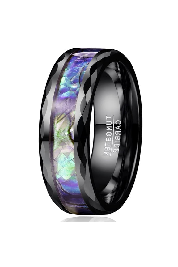8mm Abalone Shell Tungsten Rings for Unisex Black Wedding Bands Faceted Edge Size 6-14