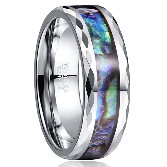 8mm Abalone Shell Tungsten Rings for Unisex Silver Wedding Bands Faceted Edge Size 7-14