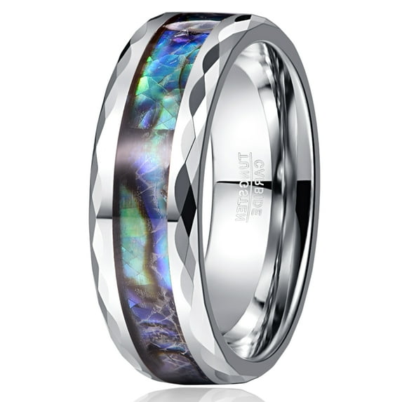 8mm Abalone Shell Tungsten Rings for Unisex Silver Wedding Bands Faceted Edge Size 7-14