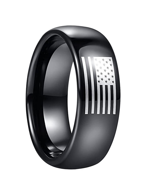 8mm American Flag Rings Men's Black Wedding Band Tungsten Ring Dome Style