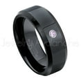thumbnail image 1 of 8mm Beveled Edge Black Tungsten Ring - 0.07ct Solitaire Amethyst Ring - Personalized Tungsten Wedding Ring - Custom Made February Birthstone Ring TN084BS, 1 of 1