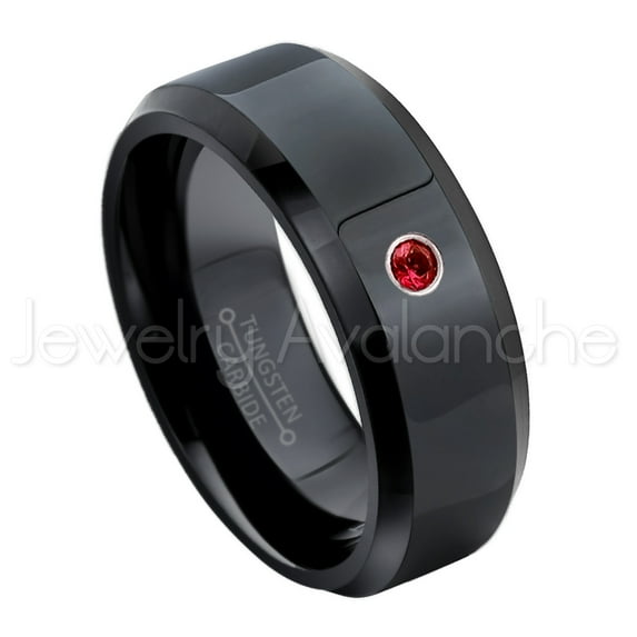 8mm Beveled Edge Black Tungsten Ring - 0.07ct Solitaire Garnet Ring - Personalized Tungsten Wedding Ring - Custom Made January Birthstone Ring TN084BS
