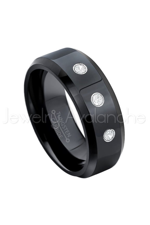 8mm Beveled Edge Black Tungsten Ring - 0.21ctw Diamond 3-stone Band - Personalized Tungsten Wedding Ring - Custom Made April Birthstone Ring TN084BS