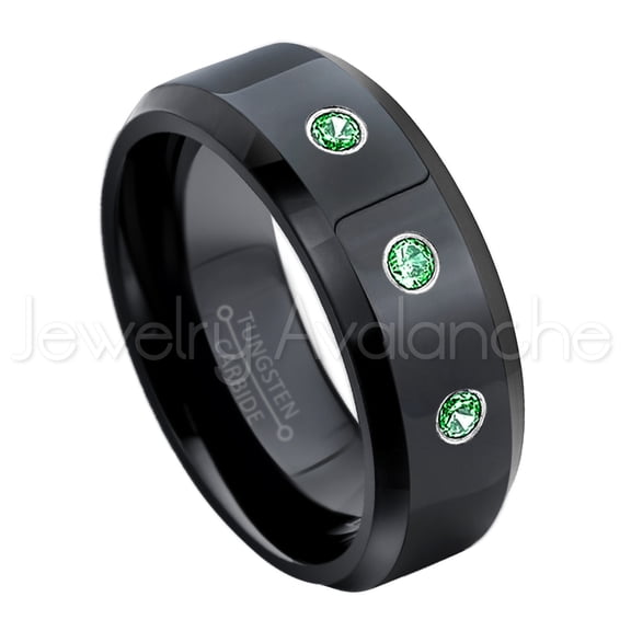 8mm Beveled Edge Black Tungsten Ring - 0.21ctw Emerald 3-stone Band - Personalized Tungsten Wedding Ring - Custom Made May Birthstone Ring TN084BS