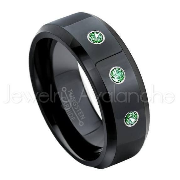8mm Beveled Edge Black Tungsten Ring - 0.21ctw Emerald 3-stone Band - Personalized Tungsten Wedding Ring - Custom Made May Birthstone Ring TN084BS