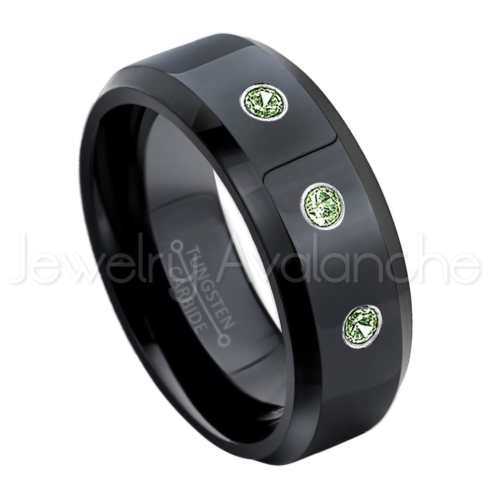 8mm Beveled Edge Black Tungsten Ring - 0.21ctw Green Tourmaline 3-stone Band - Personalized ...