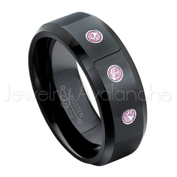 8mm Beveled Edge Black Tungsten Ring - 0.21ctw Pink Tourmaline 3-stone Band - Personalized Tungsten Wedding Ring - Custom Made October Birthstone Ring TN084BS