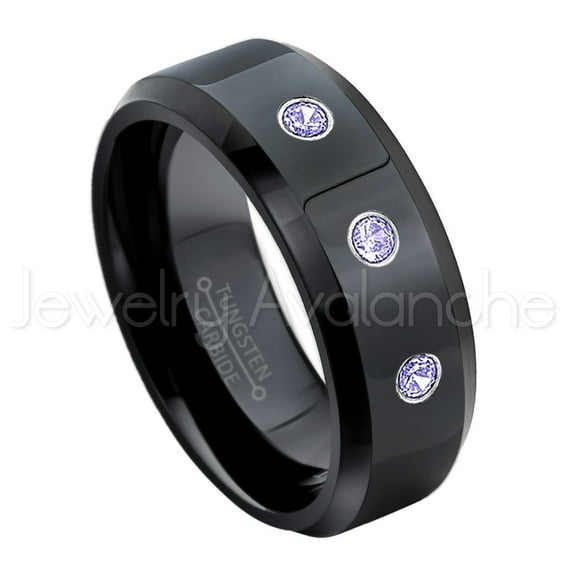 8mm Beveled Edge Black Tungsten Ring - 0.21ctw Tanzanite 3-stone Band - Personalized Tungsten Wedding Ring - Custom Made December Birthstone Ring TN084BS