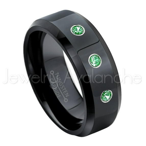 8mm Beveled Edge Black Tungsten Ring - 0.21ctw Tsavorite 3-stone Band - Personalized Tungsten Wedding Ring - Custom Made January Birthstone Ring TN084BS