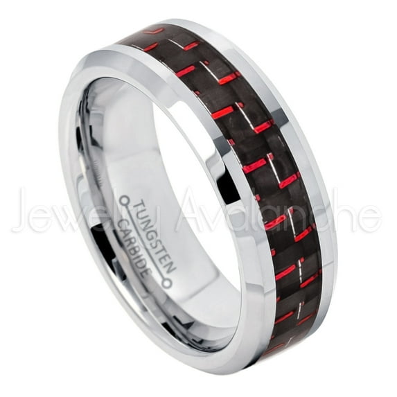 8mm Beveled Edge Tungsten Ring - Polished Comfort Fit Tungsten Carbide Ring with Red and Black Carbon Fiber Inlay