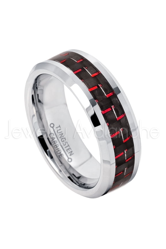 8mm Beveled Edge Tungsten Ring - Polished Comfort Fit Tungsten Carbide Ring with Red and Black Carbon Fiber Inlay