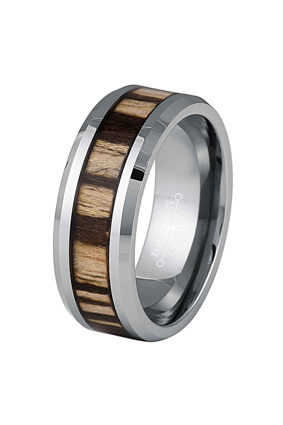 Zebra Wood Inlay Tungsten Wedding Band, Mens Engagenent Ring, Comfort Fit Ring 8MM