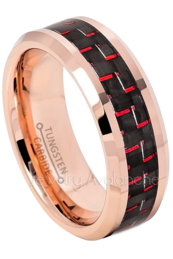 8mm Beveled Tungsten Ring - Polished Rose Gold Plated Comfort Fit Tungsten Ring with Red and Black Carbon Fiber Inlay - TN337WAs9