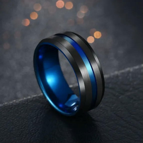 8mm Black/Blue Brushed Band 316L Stainless Steel Men's Engagement Rings Sz 6-13
