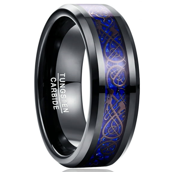 8mm Black Blue Tungsten Rings for Unisex Celtic Dragon Wedding Band Carbon Fiber Inlay