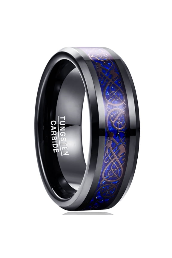 8mm Black Blue Tungsten Rings for Unisex Celtic Dragon Wedding Band Carbon Fiber Inlay