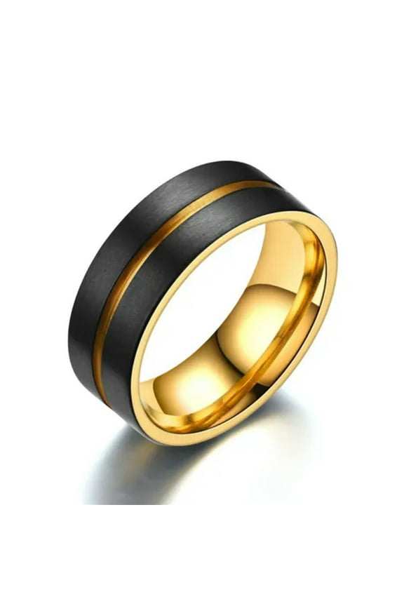 8mm Black Brushed Band Men's 18K Gold Plating Titanium Steel Male Ring Size 6-13