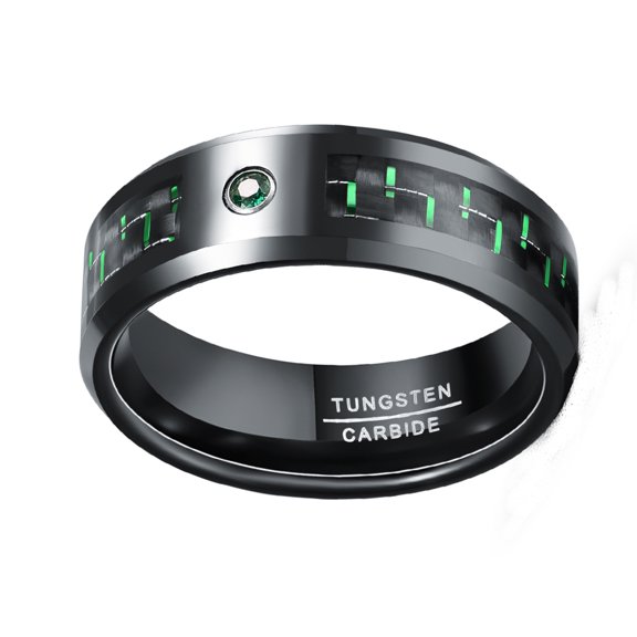 8mm Black Brushed Inlaid Black Green Carbon Fiber and Green Zircon