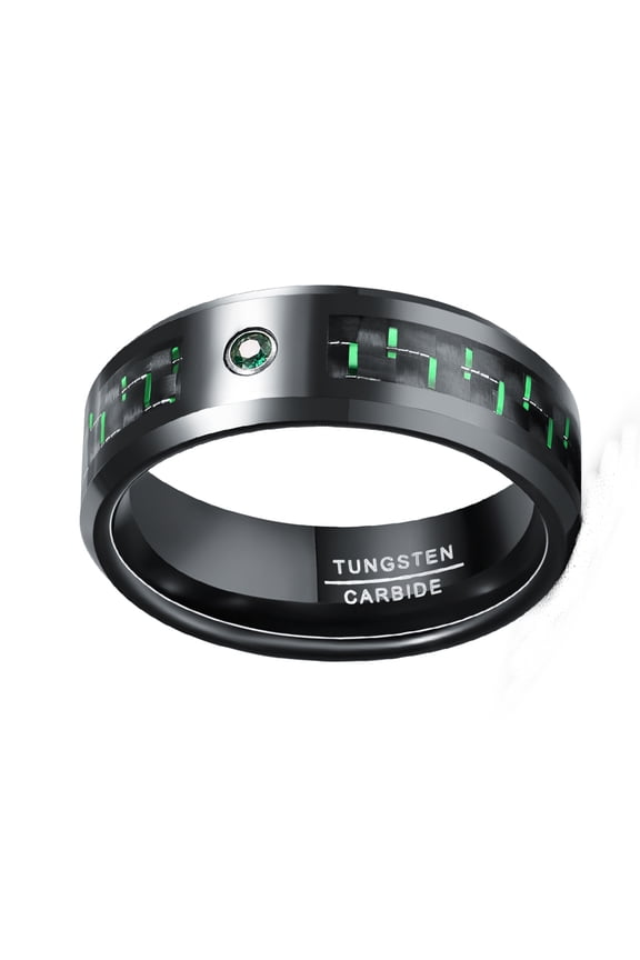 8mm Black Brushed Inlaid Black Green Carbon Fiber and Green Zircon