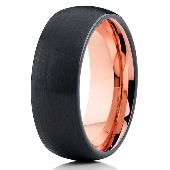 8mm Black Brushed Tungsten Carbide Ring Classic Dome Rose Gold Inlay Unisex Band 10