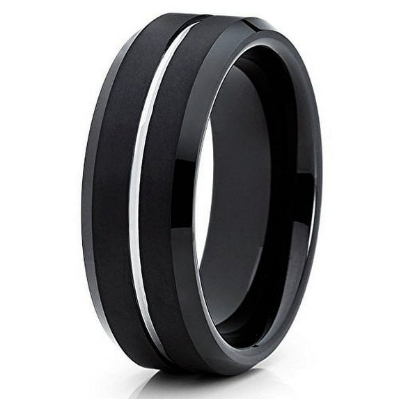 8mm Black Brushed Tungsten Carbide Ring Polished Silver Groove Custom Engraved Wedding Band (6)