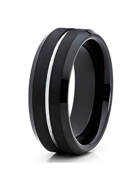 8mm Black Brushed Tungsten Carbide Ring Polished Silver Groove Custom Engraved Wedding Band (6)