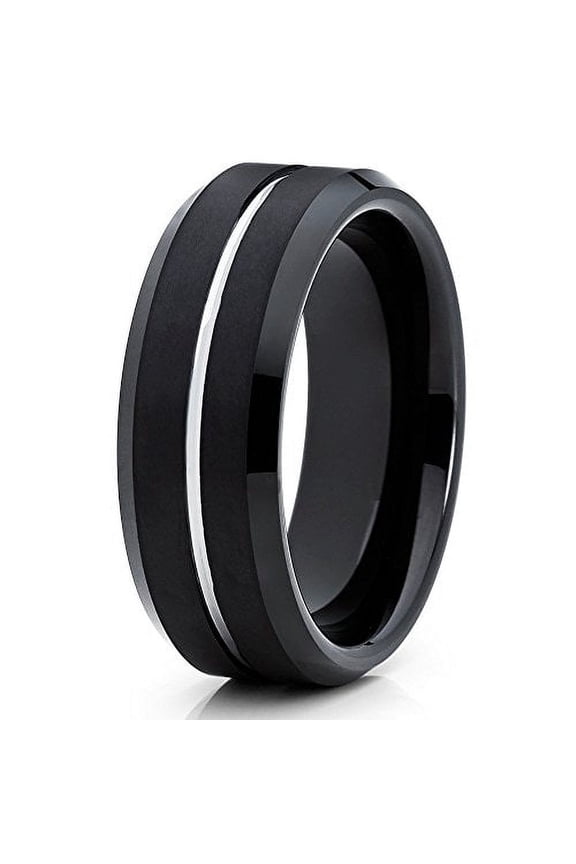 8mm Black Brushed Tungsten Carbide Ring Polished Silver Groove Custom Engraved Wedding Band (6)