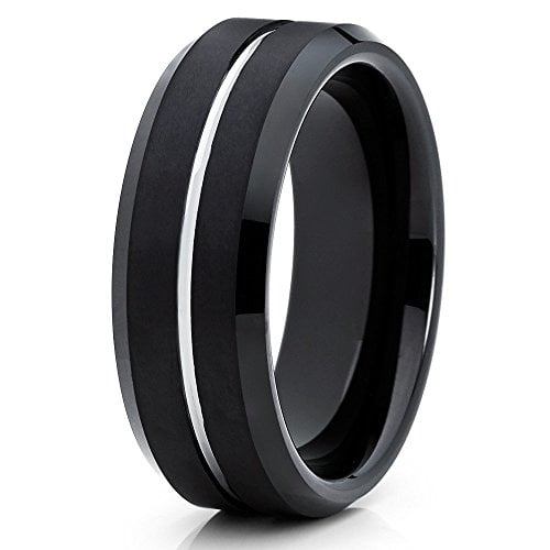 Silly Kings Jewelry 8mm Black Brushed Tungsten Carbide Wedding Ring Polished Silver Groove Band Unisex, Size: 10