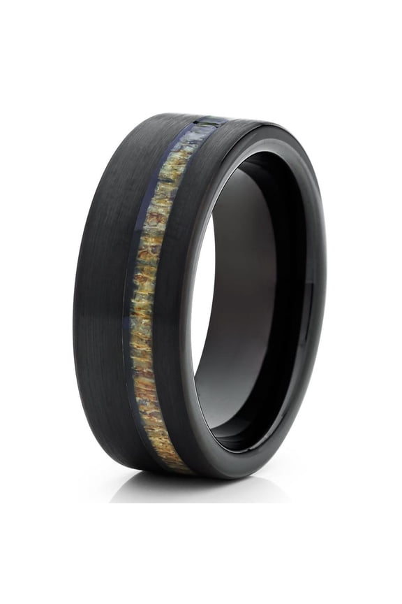 8mm Black Brushed Tungsten Carbide Wedding Ring Deer Antler Insert Pipe Cut Comfort Fit Unisex Band 10