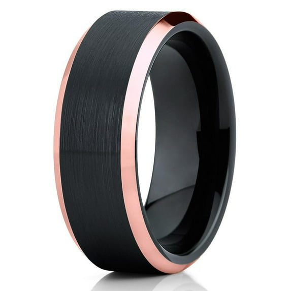 8mm Black Brushed Tungsten Carbide Wedding Ring Rose Gold Beveled Edge Unisex Ring 10