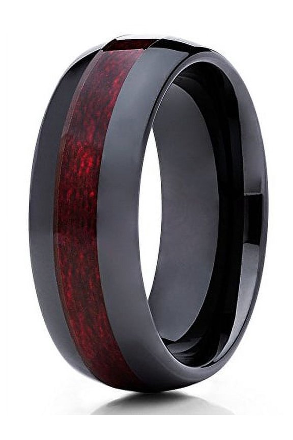8mm Black Ceramic Ring Burgundy Wood Insert Ceramic Wedding Ring Black Ceramic Band Dome Men Women Comfort Fit