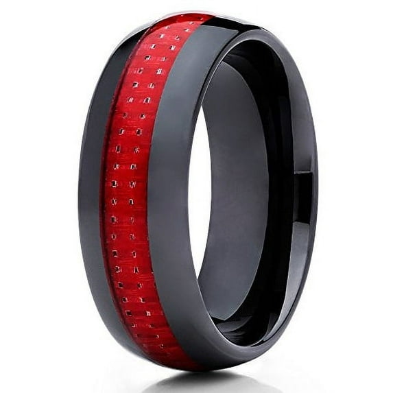 8mm Black Ceramic Wedding Band Red Carbon Fiber Ring Ceramic Engagement Band Men Women Comfort Fit