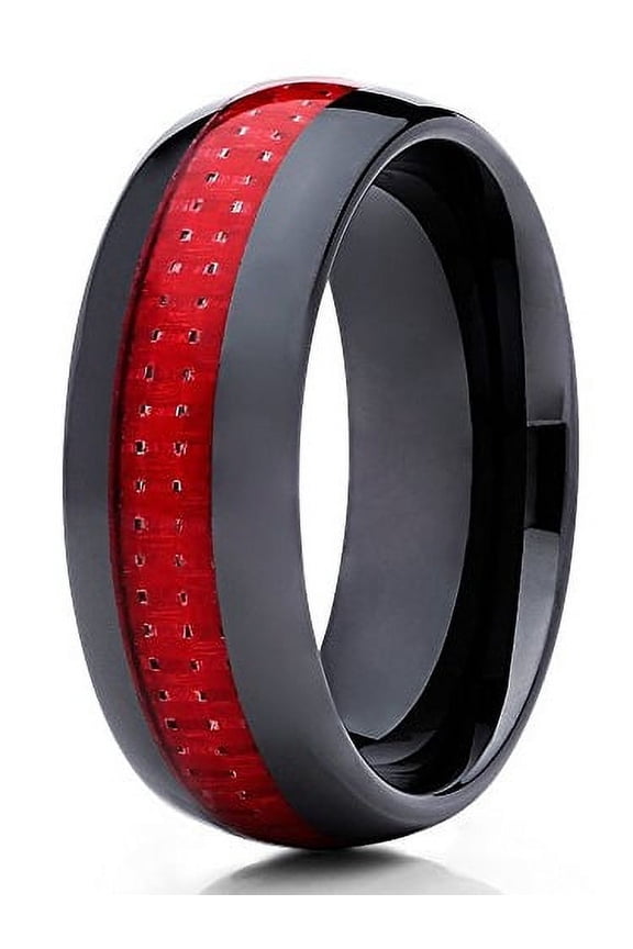 8mm Black Ceramic Wedding Band Red Carbon Fiber Ring Ceramic Engagement Band Men Women Comfort Fit