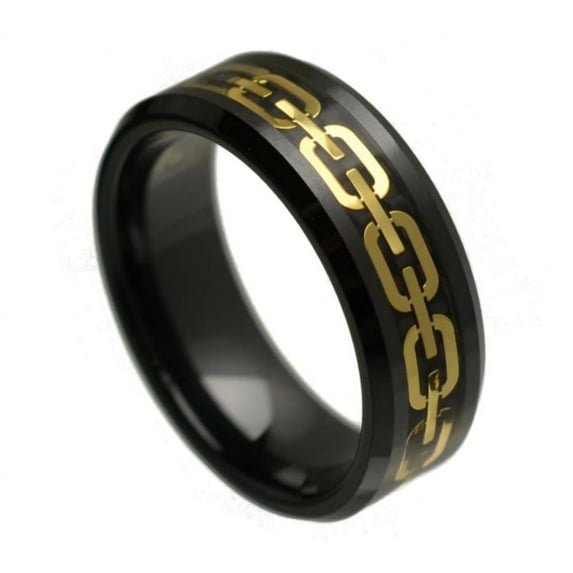 8mm Black Ceramic Yellow Gold Plated Chain Design Inlay Wedding Band Ring For Men Or Ladies
