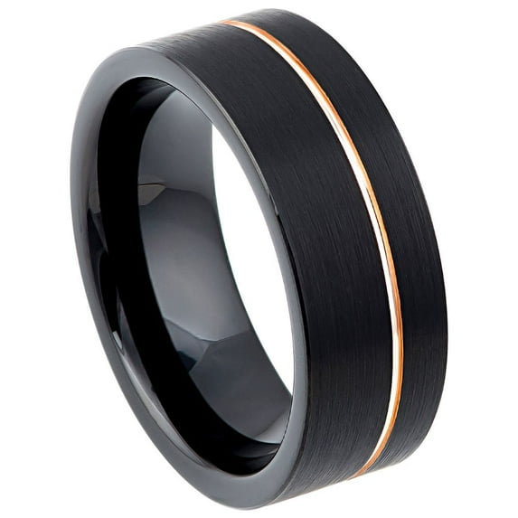 8mm Black IP Brushed Pipe-cut with Off-center Rose Gold IP Groove Wedding Band Ring For Men Or Ladies