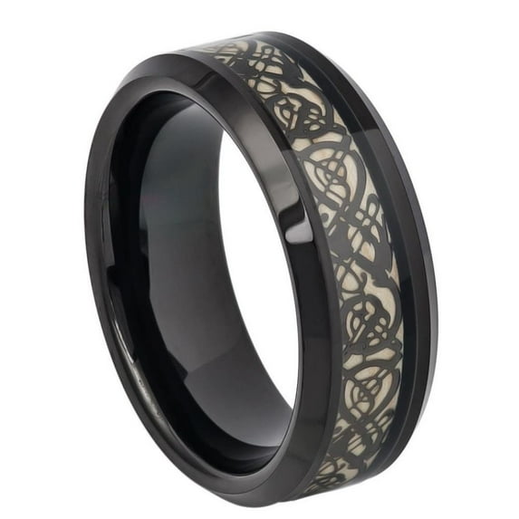 8mm Black IP Celtic Cut-Out Design Inlay Wedding Band Ring For Men Or Ladies