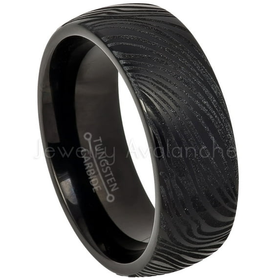 8mm Black IP Dome Tungsten Ring, Comfort Fit Tungsten Wedding Band, Mokume Gane Effect Design Ring JATN603Ns10