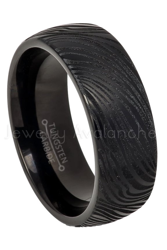 8mm Black IP Dome Tungsten Ring, Comfort Fit Tungsten Wedding Band, Mokume Gane Effect Design Ring JATN603Ns11.5