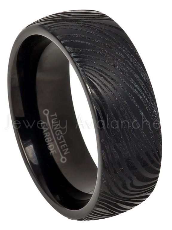 8mm Black IP Dome Tungsten Ring, Comfort Fit Tungsten Wedding Band, Mokume Gane Effect Design Ring JATN603Ns12.5