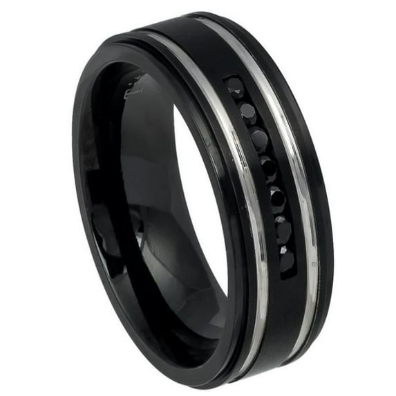 8mm Black IP Plated Titanium Ring High Polished Double Grooved with 7 Black CZs Wedding Band Ring For Men Or Ladies